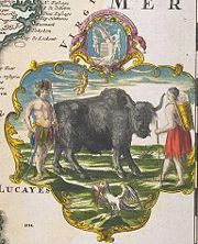 Perhaps, the only contemporary "painting" of the extinct Eastern Forest  Buffalo done in 1687. It would then be the graphic representation  (name-sake) of the Fort Ancient Buffalo Site (destroyed in 1600s) on the Kanawha River in West Virginia.  Notice the horn representation.