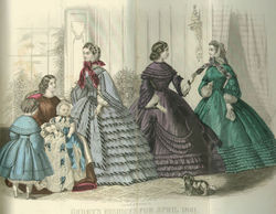 Elaborately trimmed fashions for April 1861 from Godey's Lady's Book.
